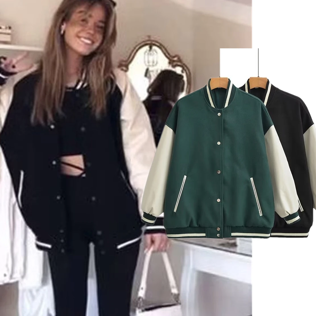 

Maxdutti Vintage Pu Leather Woole Coat Women Splicing Loose Bomber Jacket