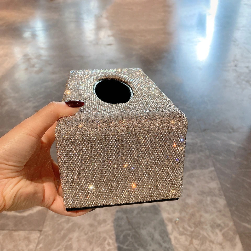 Leather Tissue Box with Rhinestones Car Container Desktop Napkin Toilet Holder Storage Case Home Living Room Paper Dispenser 6