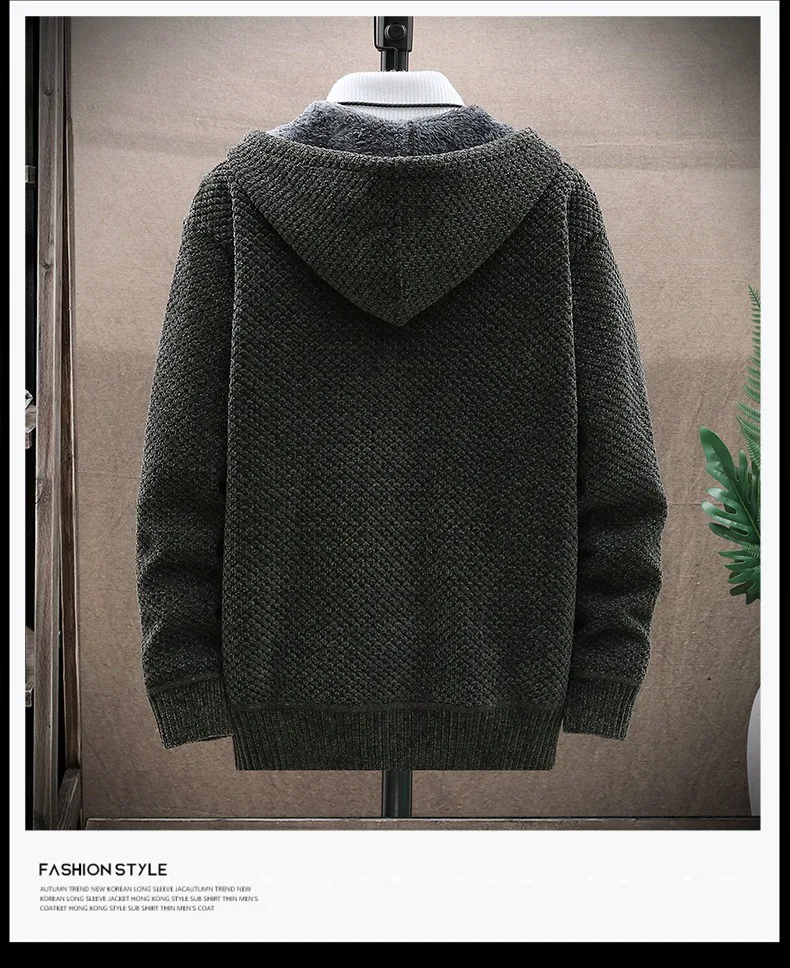 Men's Winter Cardigan Hooded Solid Zip Sweater Jacket Thickened Fleece Warm Casual Sweatercoats Chenille Knitted Sweater Women