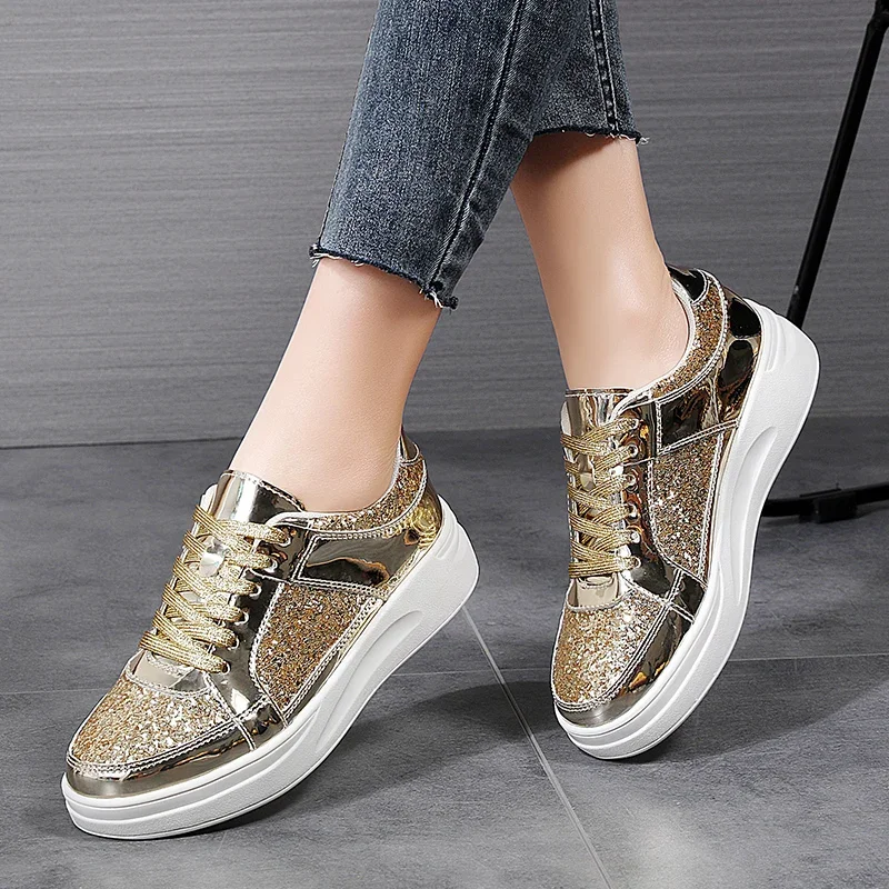 Over Size 35-43 Women Sport Sneakers Comfortable Flat Female Traveler Big Size 41 42 43 Walking Shoes Gold Athletic Trainers