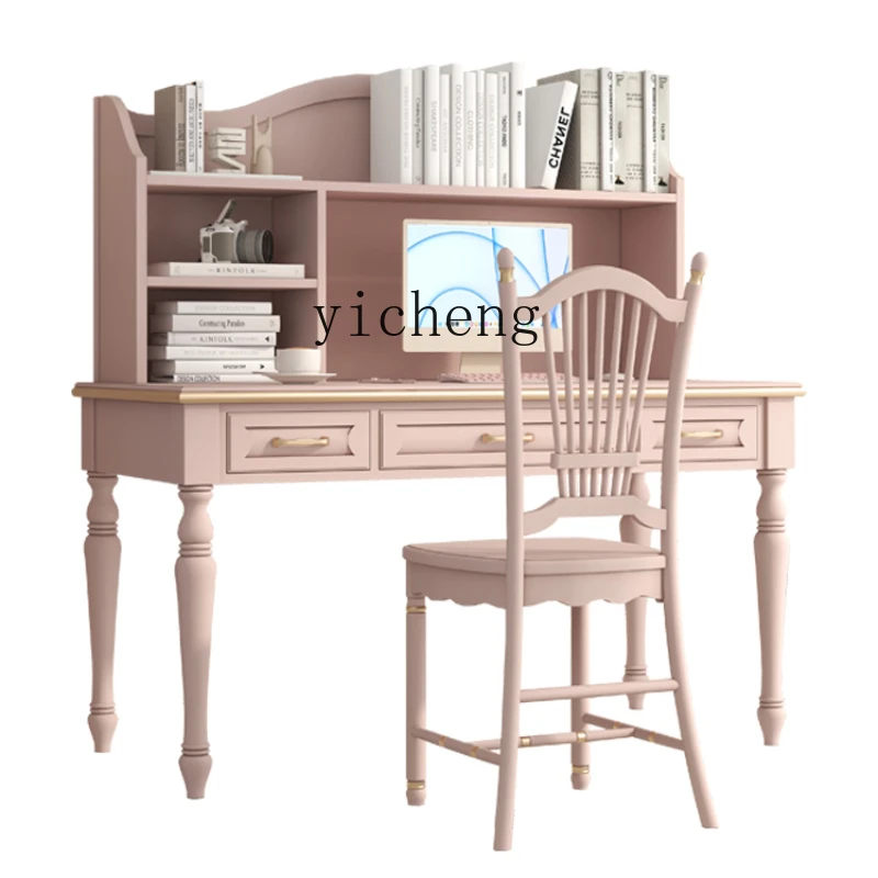 

Zk Light Luxury Computer Desk Chair Combination Ins Pink Writing Desk Desk with Bookshelf