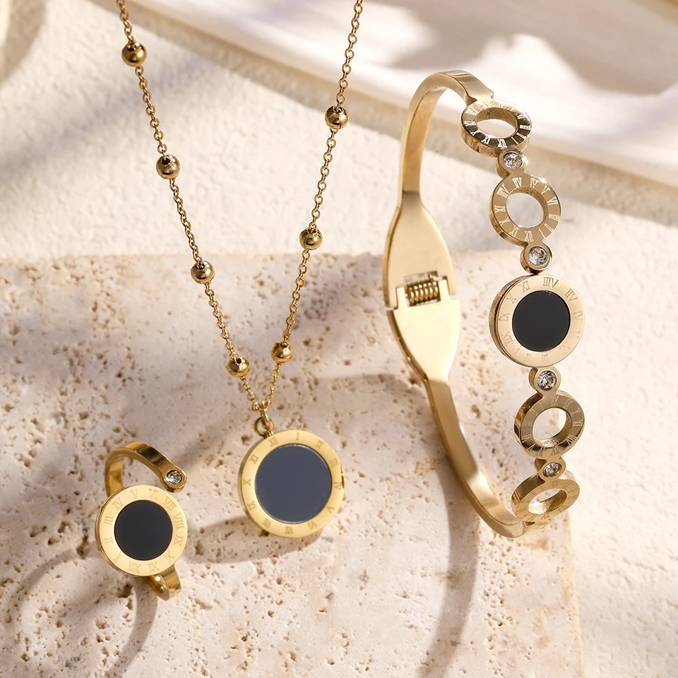 ZAKOL 3Pcs Fashion Roman Numerals Bracelet Ring Necklace Sets for Women Black Shell Hollow Circle Inlaid Zircon Jewelry Gift 1