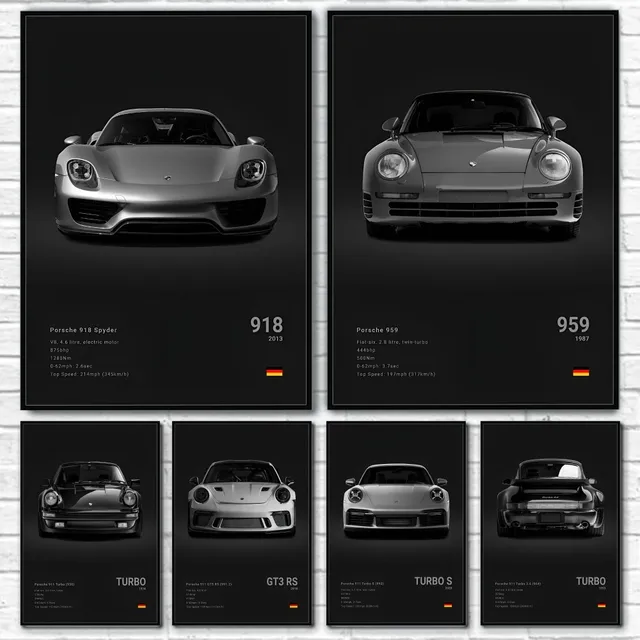 Sports Black Car Famous Cool Fashionable Simple 918 GT3-RS-911 TURBO S GT4 Poster Home living room Wall Art Garage Room Decor
