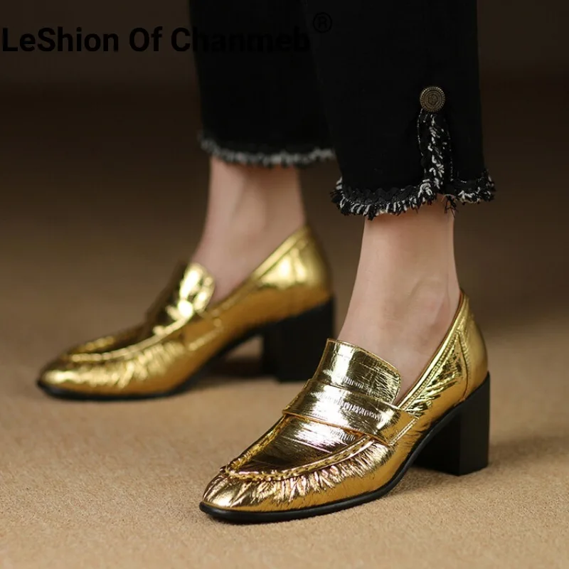 

LeShion Of Chanmeb Gold Genuine Leather Women High-Heeled Loafers Shoes Pleated Round Toe Slip-ons Pumps Woman Spring Autumn New