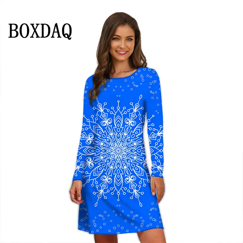 

2023 Winter Christmas Snowflake Print Dress New Autumn Long Sleeve Pullover Loose Dress Fashion Sweet Casual Women Party Dresses
