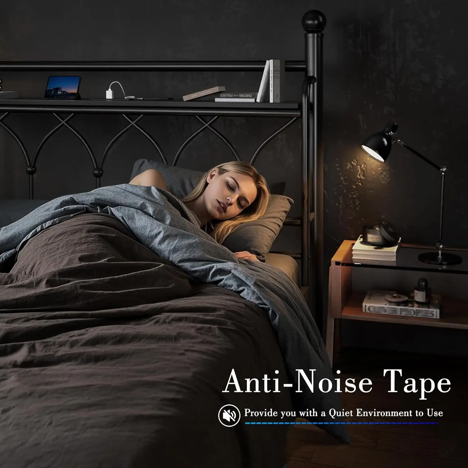 King Bed Frame with Headboard, Metal King Size Bed Frame with LED Lights and Power Outlets, Heavy Duty Steel Slats Support