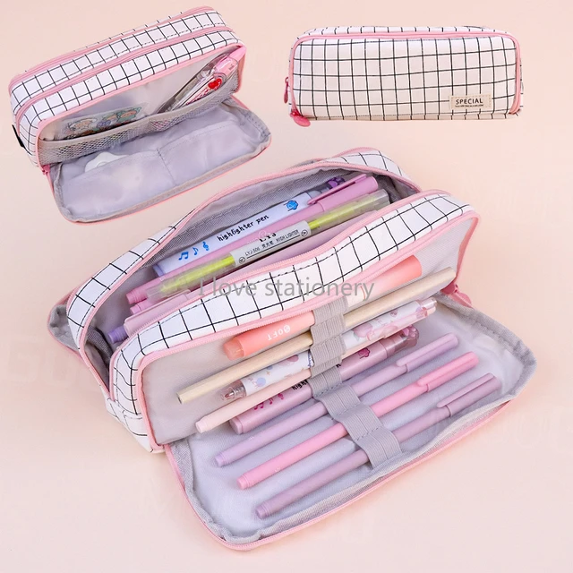 Namotu Pencil Case Grid Pencil Pouch with 3 Compartments Stationery Bag Pencil Bag for Girls Teens Students Art School and Office Suppli, Girl's, Size: Small