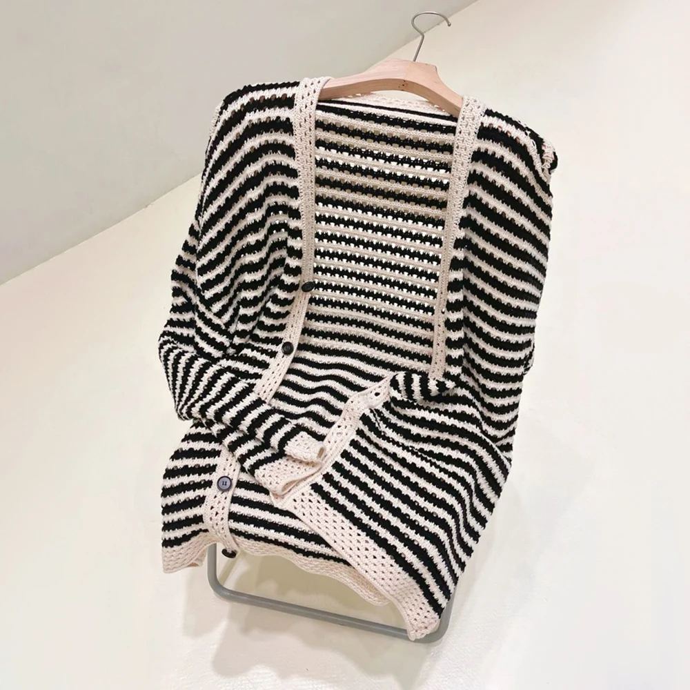 Mens Black White Striped Hollow Casual Thin Knitted Tops Genderless Fashionable Comfortable Cardigan Long Sleeve Shirt Unisex