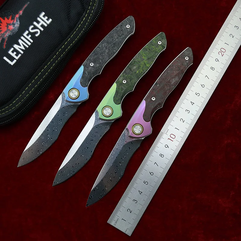 

LEMIFSHE RWL34 Powder Steel Damascus Marble Carbon Fiber Handle Ceramic Ball Bearing Folding Camping Pocket EDC Tool Knife