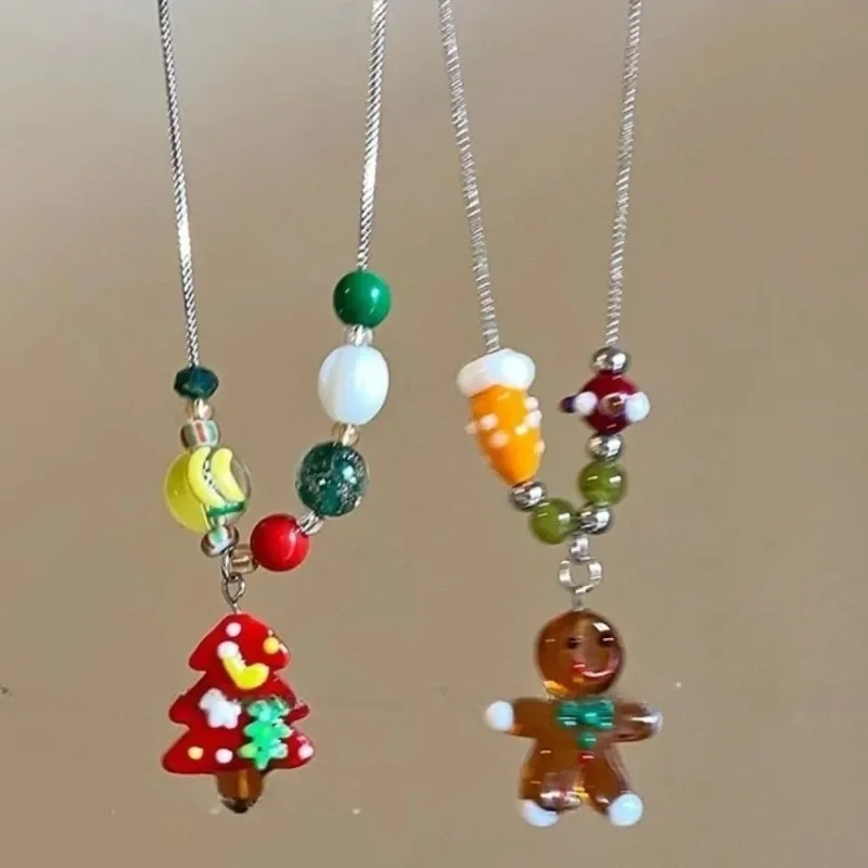 Kawaii Christmas Tree Gingerbread Man Pendant Necklace for Women Men Holiday Choker Party Jewelry Gifts
