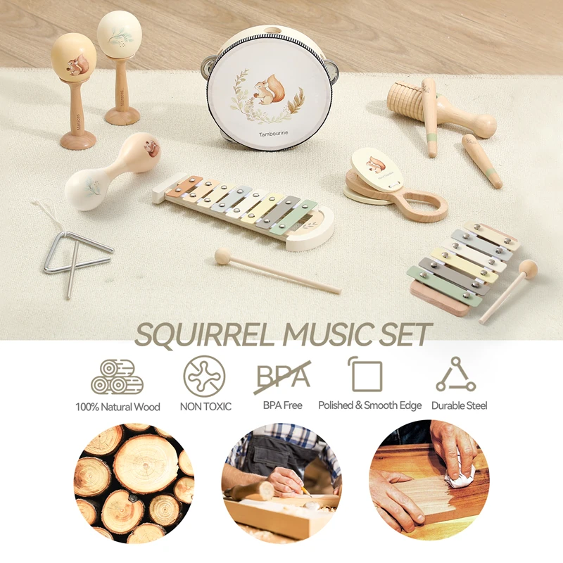 Baby Wooden Montessori Squirrel Pattern Musical Instruments Multi-function Musical Game Interactive Instruments Newborns Gifts 3