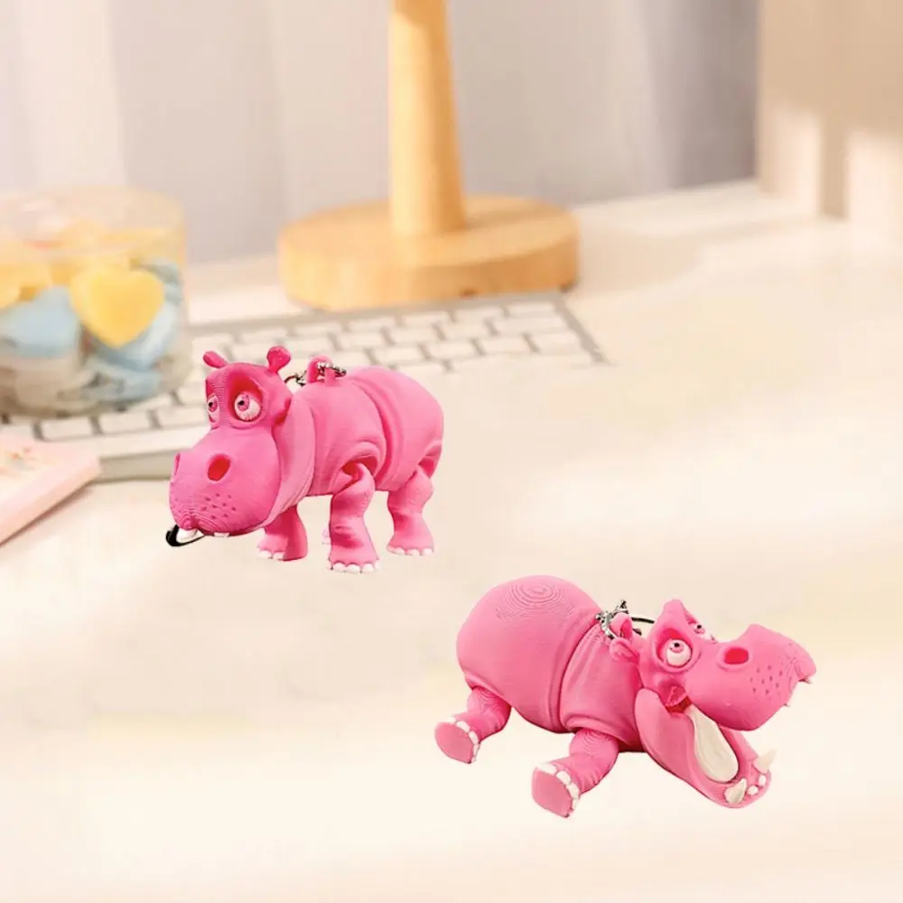 PLA Pink Hippopotamus Keychain Multi-jointed Animal Crafts 3D Printed Animals Figurine Solid Color Model