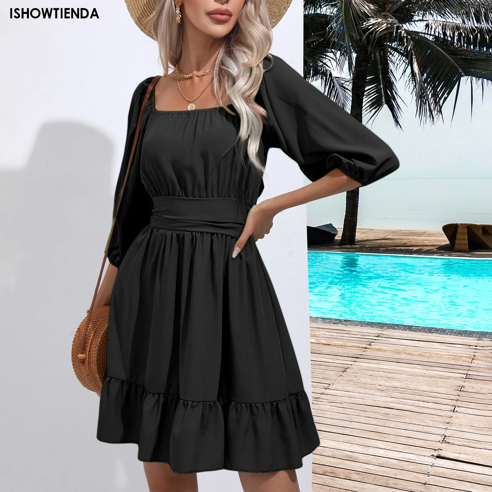 

Summer Women Dresses Square Collar Bohemian Ruffles Elastic Above Knee Mini Dress Half Sleeves Vintage Gothic Dress Vestidos