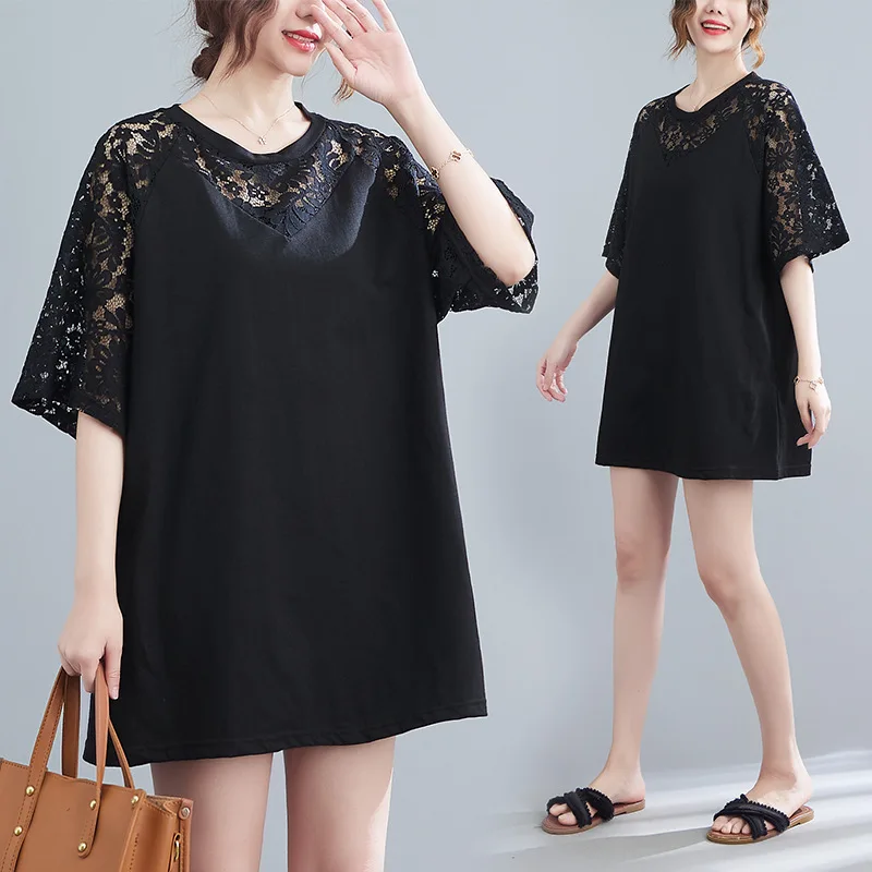 

160Kg Large Size Women's Bust 160 Summer Loose Round Collar Mesh Panel Long T-Shirt Black 6XL 7XL 8XL 9XL 10XL