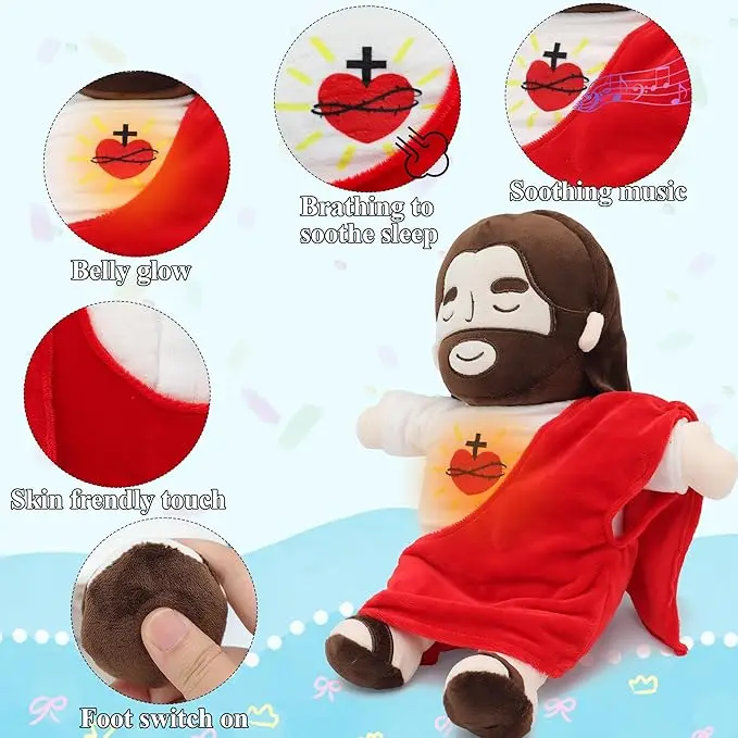 Xmas Heart Breathing Jesus Musical Plush Toy Soothing Jesus Plushies Stuffed Doll Church Sunday School Religious Christmas Gifts