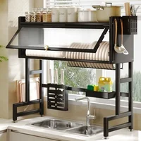 Over Sink Dish Drying Rack Kitchen Stainless Steel Drain Rack Multi Organizer Dust Proof Shelf Over Sink Bowl Plate Storage Rack 1