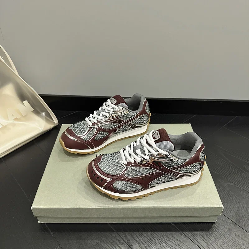 Women's luxury flat sneakers, patchwork leather shoes, optical sole, air mesh, running and walking, couples wear, fall 2024 4