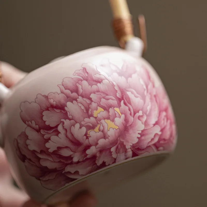 230ML Antique Pink Peony Flower Ru Kiln Lifting Handle Teapot Tea Infuser Pot Tea Brewing Kettle With Filter Chinese Tea Set