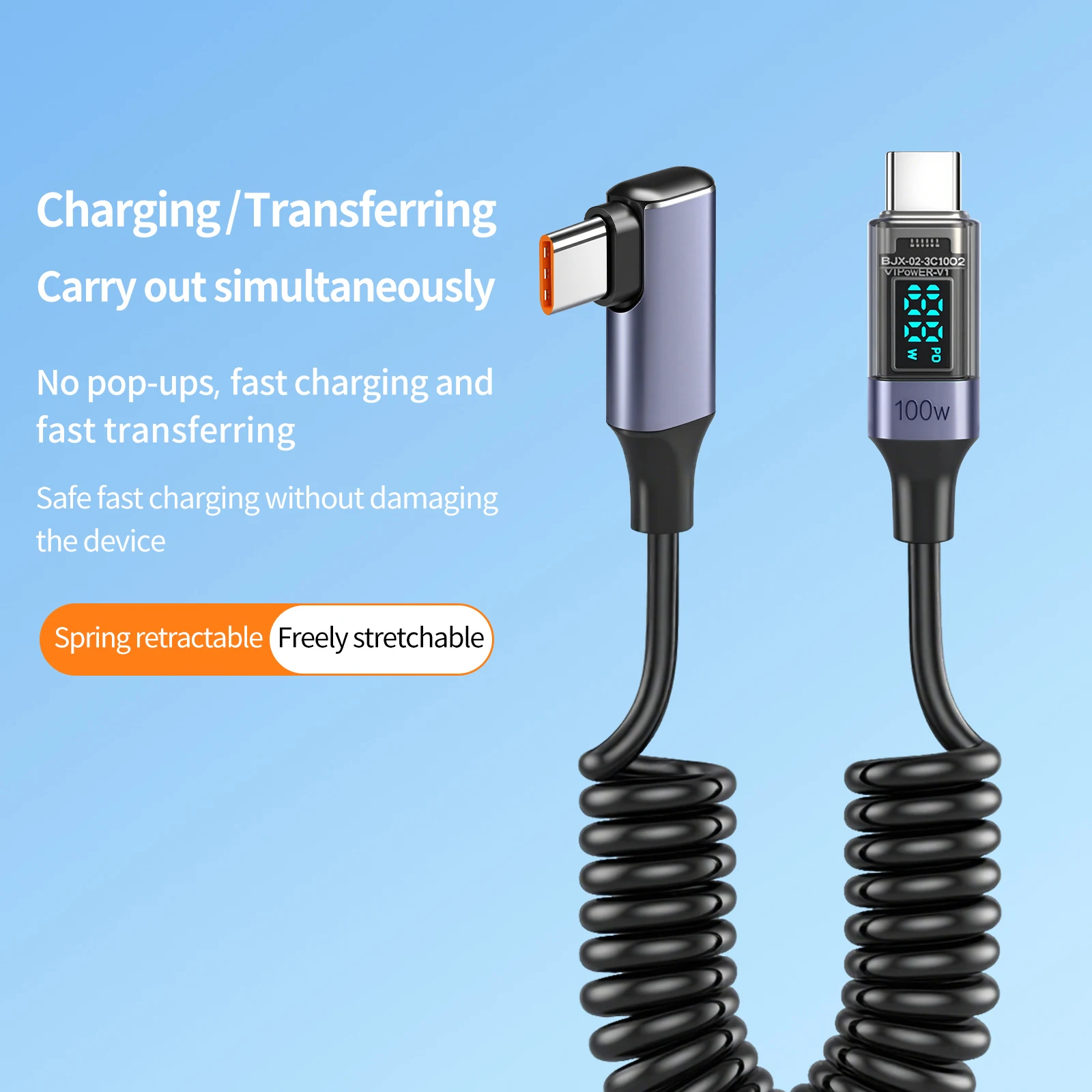 직각 USB C to 타입 C 코일형 고속 충전 케이블, LED 디지털 디스플레이 충전 코드 아이폰 17/16/15, 삼성 S25/S24용