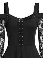 2022 New Gothic One-shoulder Lace Stitching Flared Sleeve Dress Literary Vintage Autumn Grunge Black A-line Dress Punk Partywear - Image 5