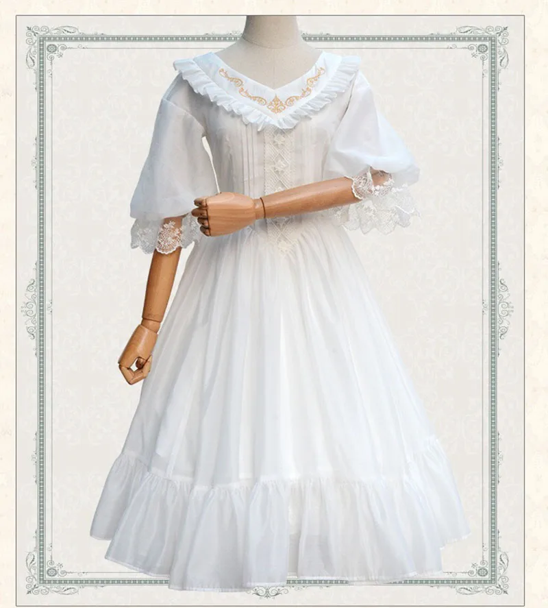 Women Spring Summer Golden Embroidered Swing Dress Female Ladies Elegant 3/4 Sleeves Vintage Lolita Solid Gown Dress For Girls