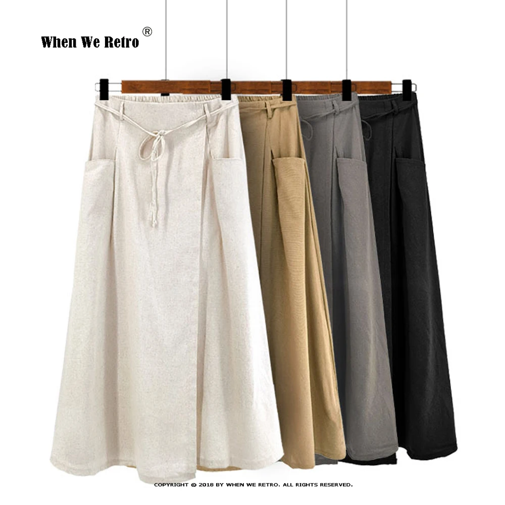 

2023 Cotton Linen Long Skirts New Elastic High Waist Lace Up Solid Color Elegant Women A-line Long Skirt With Pocket RS1089