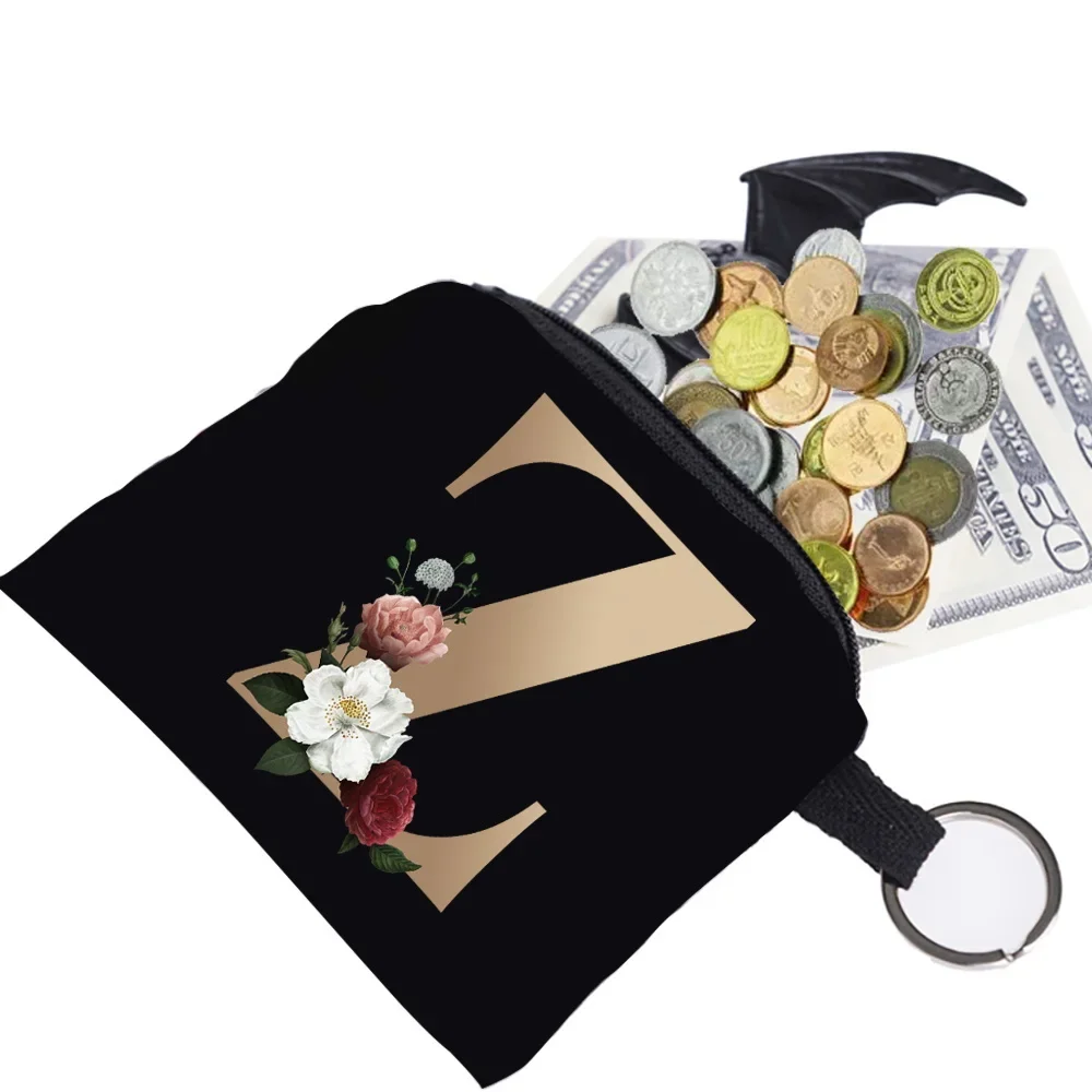 Wallet Unisex Coin Bag Earplugs Key Storage Bag Small Object Ring Buckle Organizer Black Canvas Gold Letter Print Pattern Series