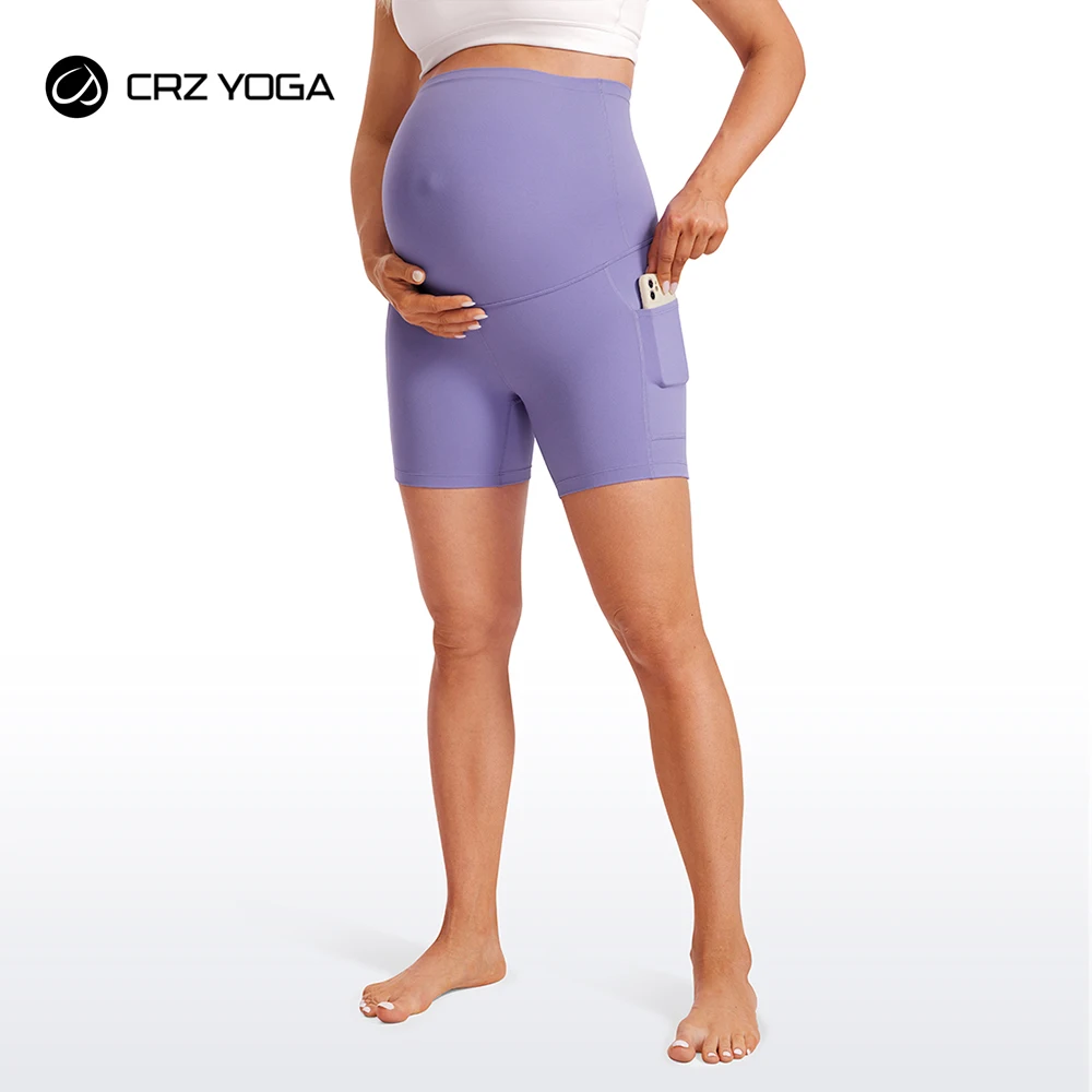 

CRZ YOGA Womens Butterluxe Maternity Yoga Biker Shorts with Pockets 5" - Over The Belly Pregnancy Workout Athletic