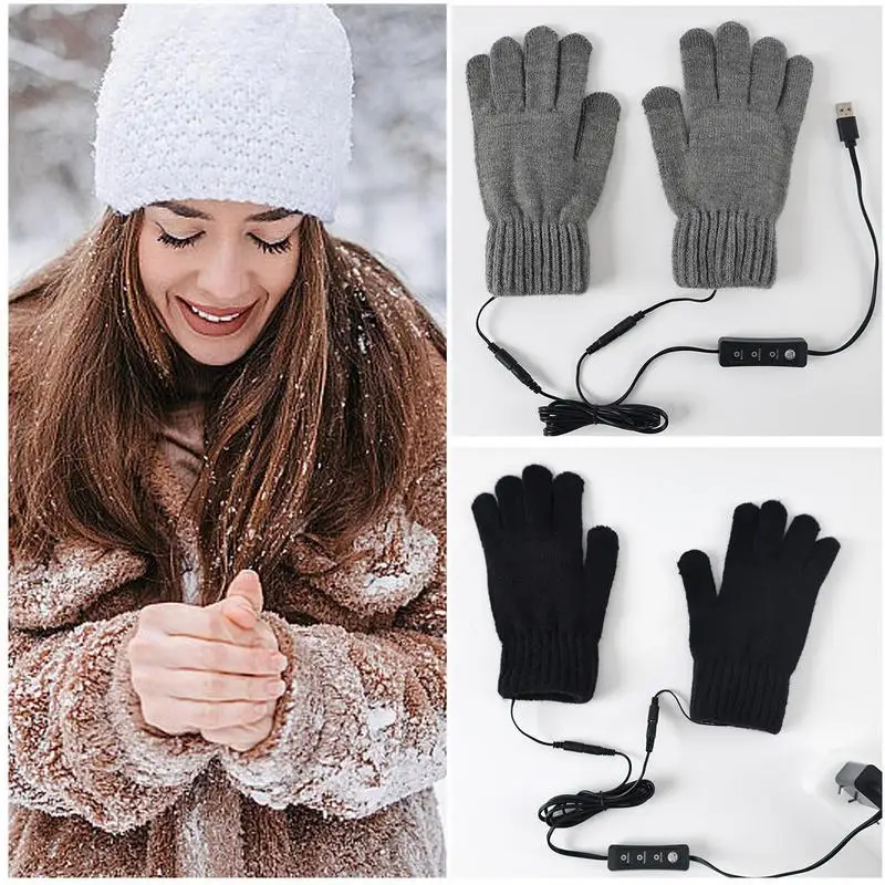 

USB-грелка для рук, перчатки для сенсорного экрана, лыжные перчатки для холодной погоды, зарядка через USB, 3 регулируемых температуры, вязаные шерстяные грелки для рук