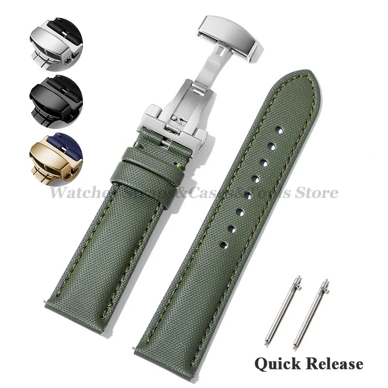 Sailcloth Nylon + Lederarmband für Omega für Huawei Watch Business Uhrenarmband 20 mm 22 mm Schmetterlingsschnalle Nähte Grüner Gürtel