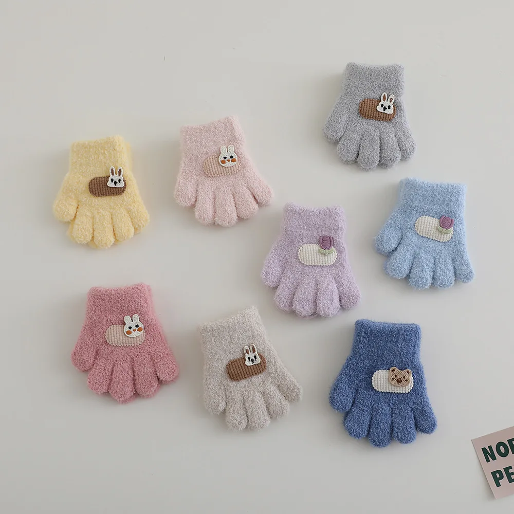 Autumn Winter Warm Thicken Girls Baby Gloves Bunny Cartoon Kids 1-3Y Five Fingers