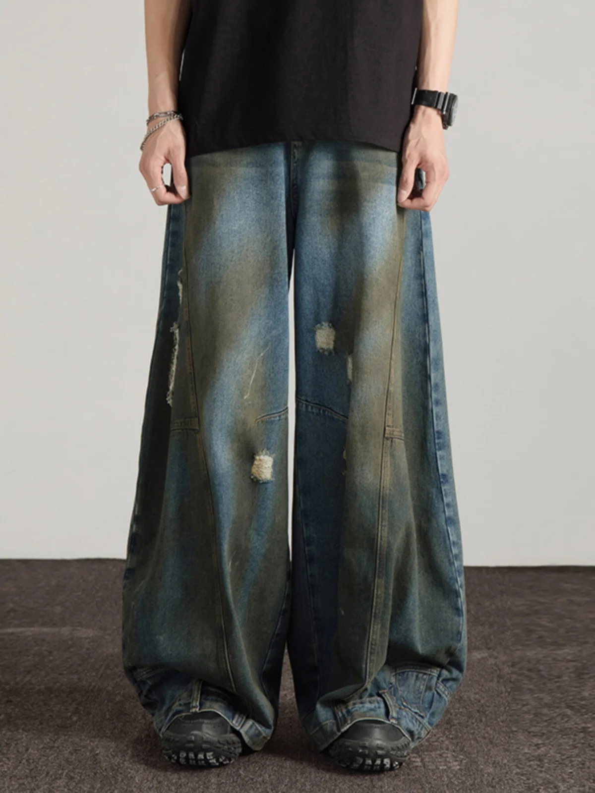 

Джинсы мужские мешковатые в стиле ретро, рваные брюки с завышенной талией, свободные штаны с широкими штанинами в стиле хип-хоп, уличная одежда, весна-лето 2024