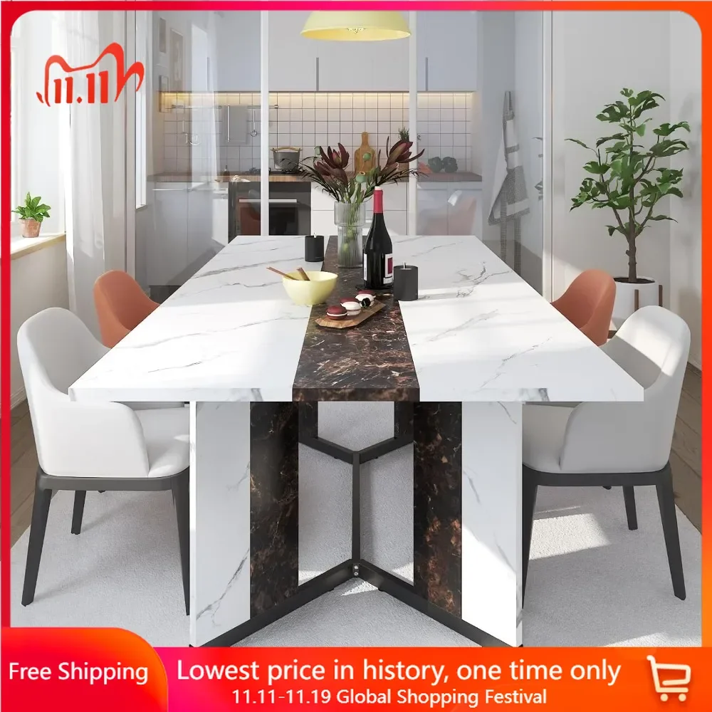 Dining Table Sets,71In Rectangular White Dining Table W/35 Marble-Color Wood Watrproof Tabletop,Living Room Dinings Set