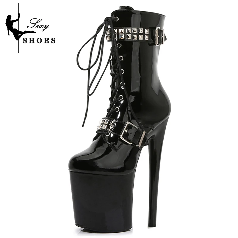 

20cm/8Inchs ANKLE Boots Rivet Round Toe Women's Shoes Sexy Thin Heels Platform Nightclub Short Boots Belt Buck Heels Stiletto
