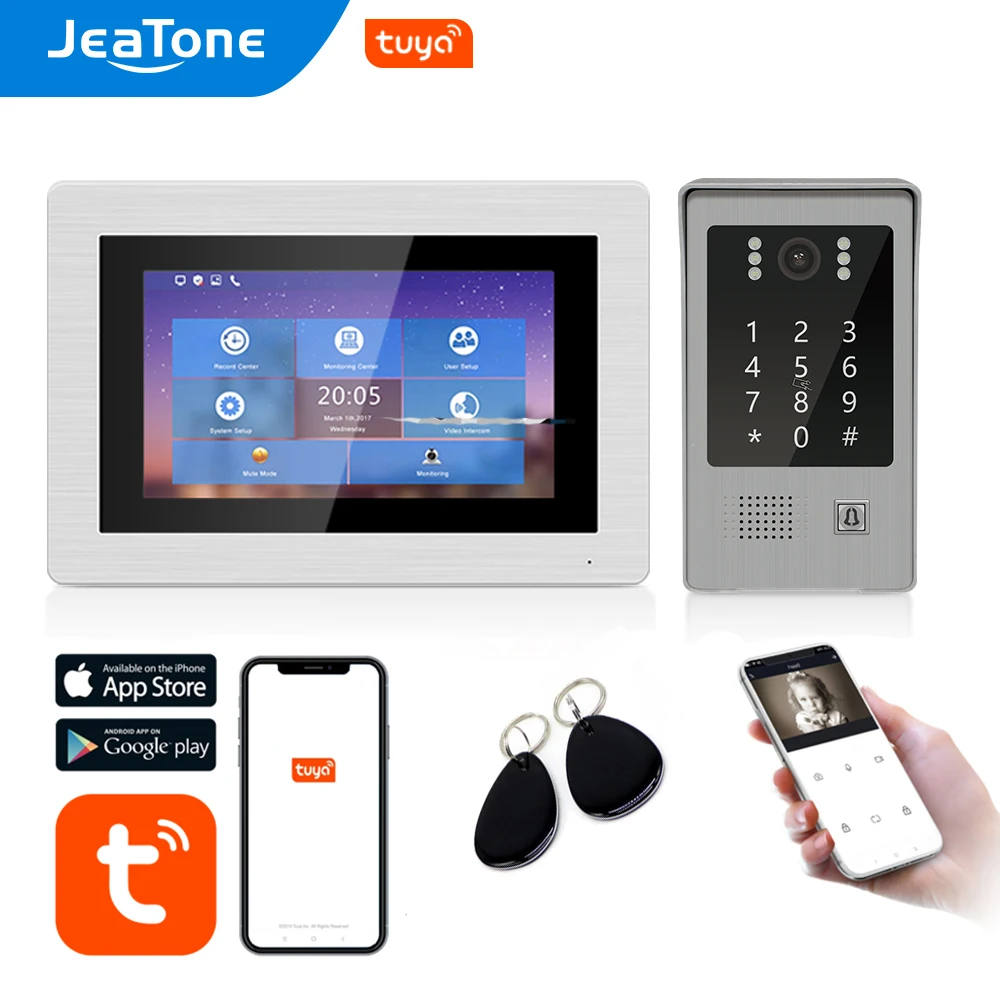 

JeaTone 720P Wi-Fi видеодомофон 7 ''сенсорный экран Tuya приложение удаленный дверной звонок разблокировка код клавиатуры RFIC карта система контроля доступа