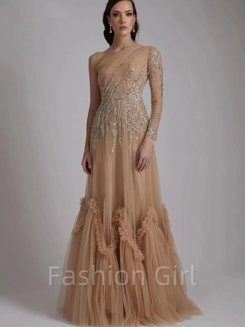 

Elegant Vintage Champagne Crystal Sequined Beading Ruffle Pleat Formal Occasion Prom Dress Evening Party Gowns Custom