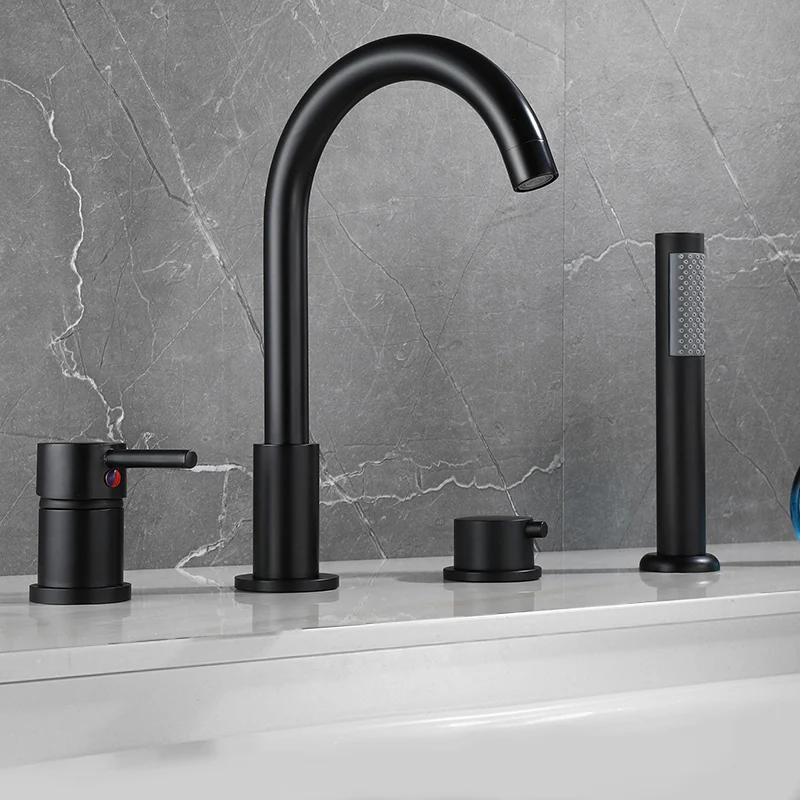 4 ชิ้นห้องน้ําอ่างอาบน้ําก๊อกน้ําอ่างล้างหน้าก๊อกน้ําดาดฟ้าติดตั้งมือถืออ่างผสมแตะเย็นร้อนผสมน้ําประปาด้วยฝักบัวมือ 1