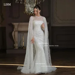 LISM Exquisite Sparkly Mermaid Wedding Dresses Glitter Lace Long Sleeves O-Neck Bridal Gowns Shawl Floor Length Formal Dress