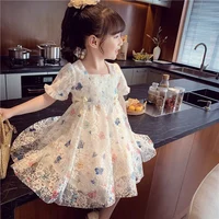 Summer New Bubble Tea Bucket Dress Bubble Sleeve Lace Butterfly Print Sweet Princess Dress Birthday Party Team Dress