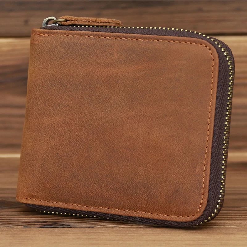 

Men's Small Wallet Luxury Vintage Genuine Leather RFID Short Purses for Man with Coin Pocket Card Holder Zipper Around Wallets