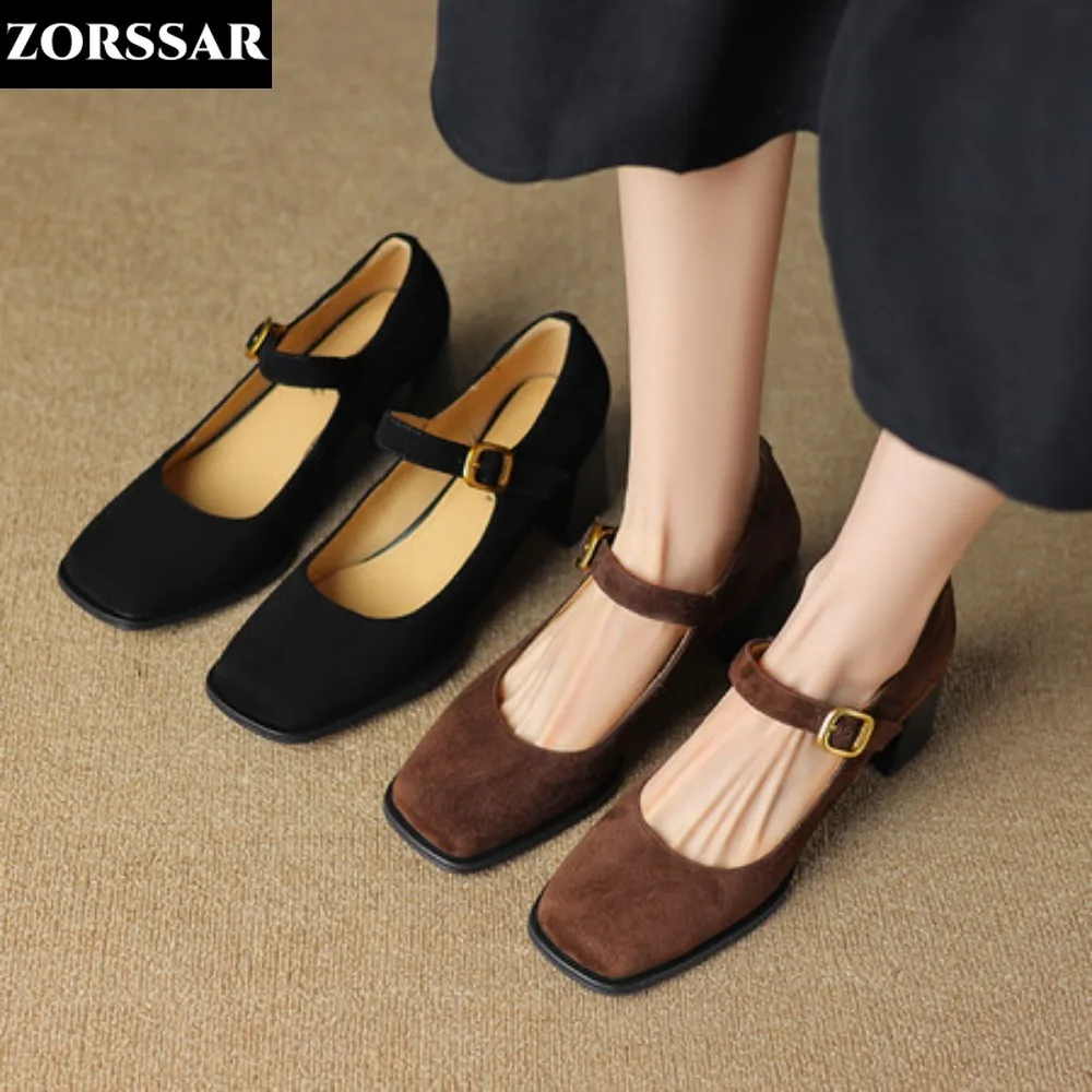 

2024 New Genuine Leather Mary Jane Shoes Women's Shoes Retro Buckle Shallow Heel Pumps Square Toe Shoes Woman Zapatos De Mujer
