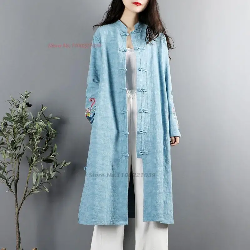 Traditional Chinese Hanfu Tops National Flower Embroidery Coat Cotton Linen Jacket Ethnic Cardigan