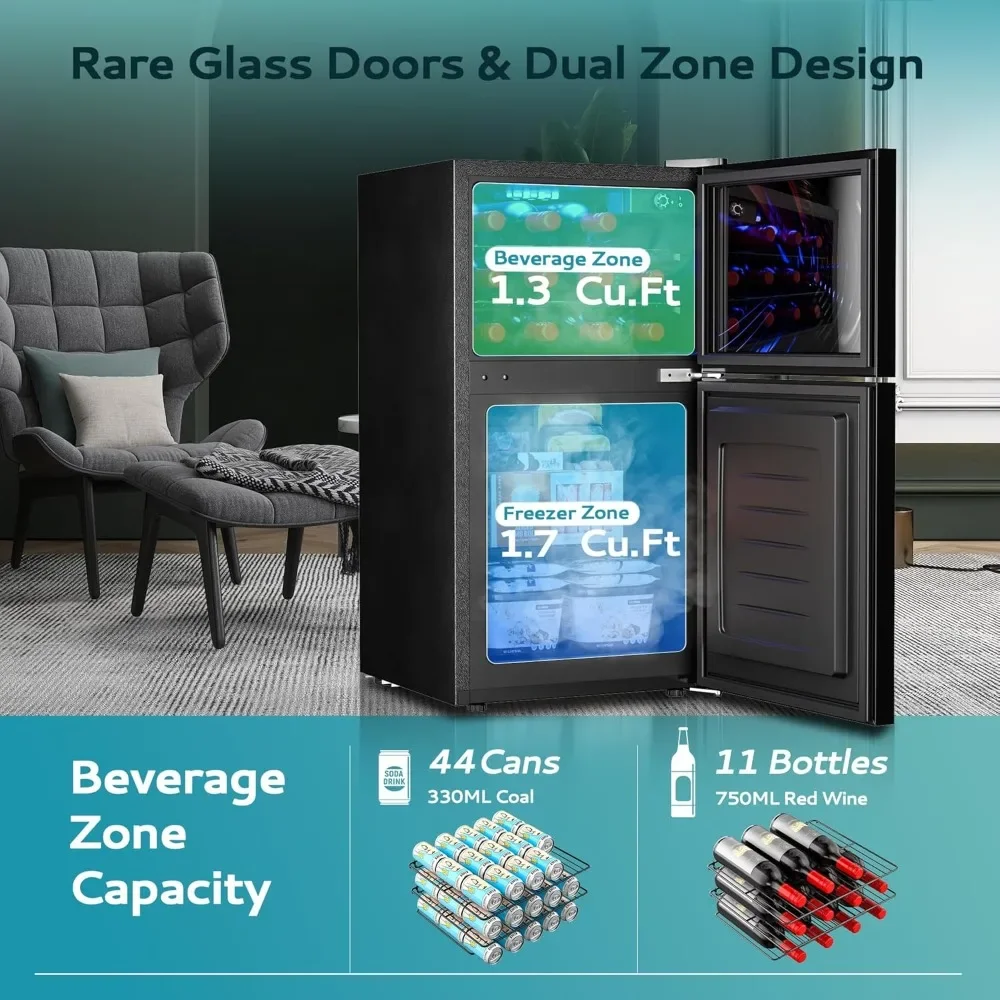 NEW-Double Door Mini Fridge With Freezer, Freestanding Wine Cooler Refrigerator With Reversible Door, Compact Refrigerator Tempe