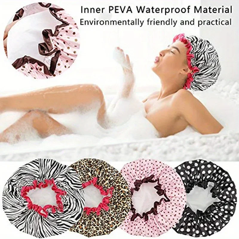 1PC Waterproof Shower Cap Leopard Print  Double Layer Elastic Hair Cover Reusable Bathroom Essentials - Shower Hair Protector