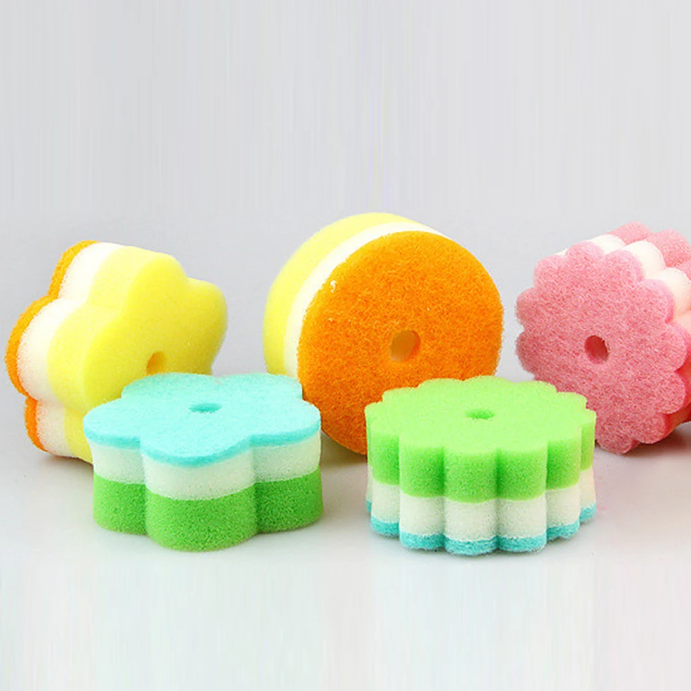 Practical Sponges Scouring Pads Flower Shape Sponge Brush Tableware Glass Wash Dishes Kitchen Cleaning Tool Random Color