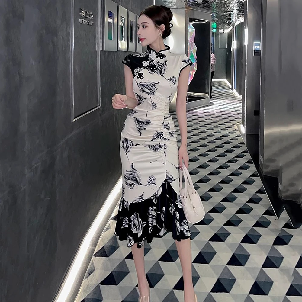 chinese dress ladies White Floral Chinese Collar Maxi Dress main image 1