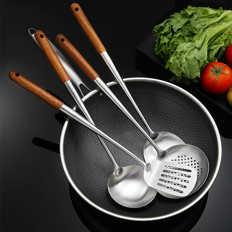 Stainless Steel Cooking Tools with Wooden Handle Soup Spoon Ladle Colander Spatula Shovel Silver 1Pc