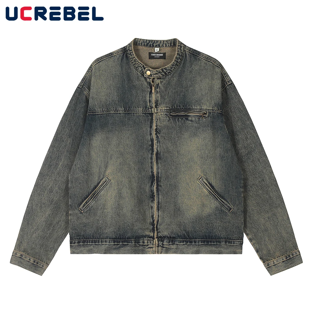 

Autumn Winter Retro Washed Distressed Denim Jacket Mens Streetwear Loose Zipper Outerwear Mens