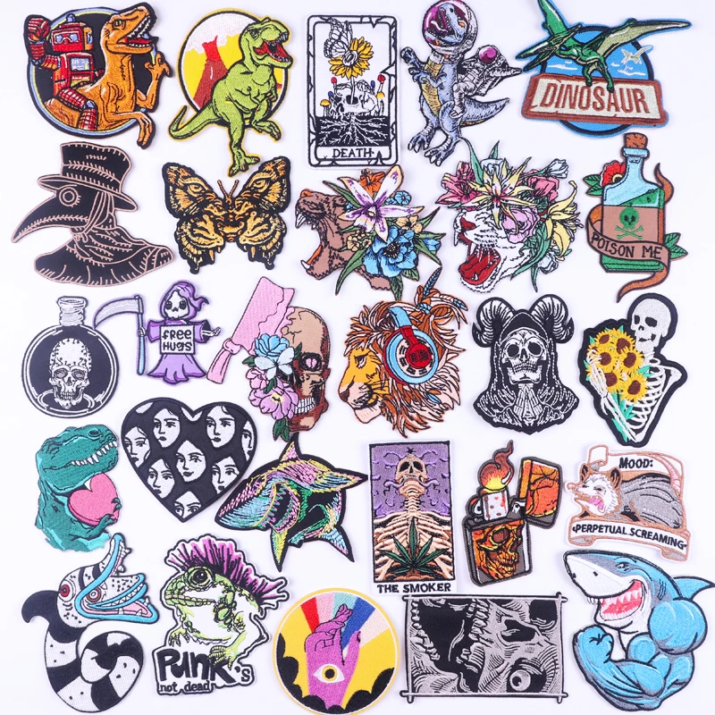

Punk Animals Patch On Clothes Dinosaur Tiger Iron On Patches Embroidered Patches For Clothing Stickers Skull Badges Applique DIY