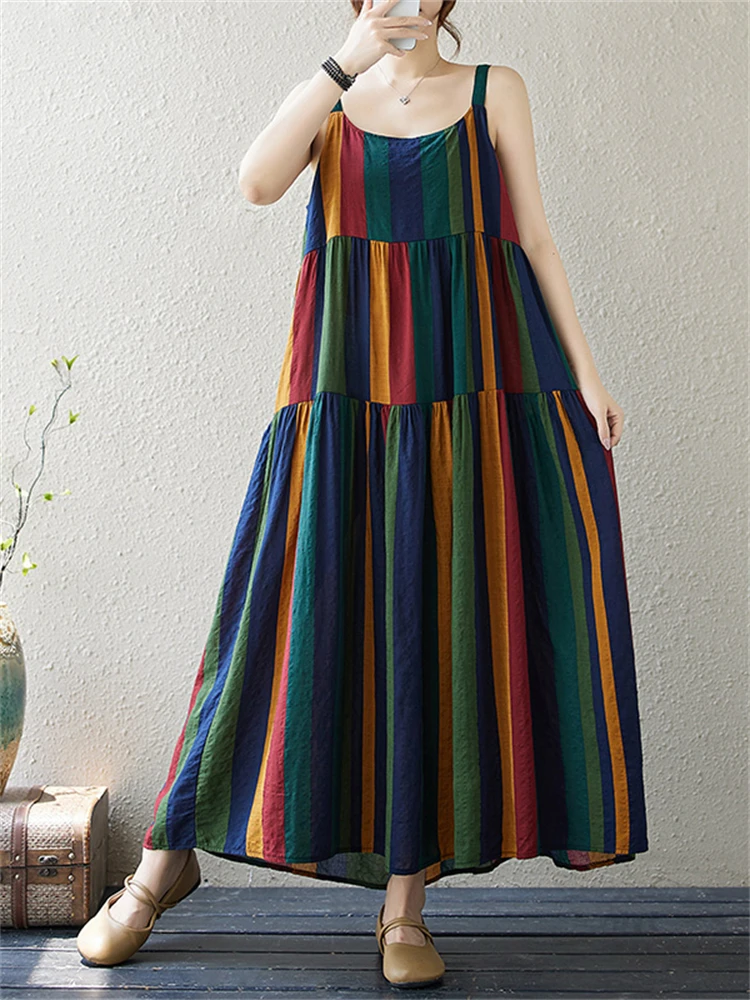 Cotton Sleeveless Vintage Camisole Dress Women 2025 Summer Casual Loose Long Beach Dresses Femme Robe Vestidos Elegant Clothing